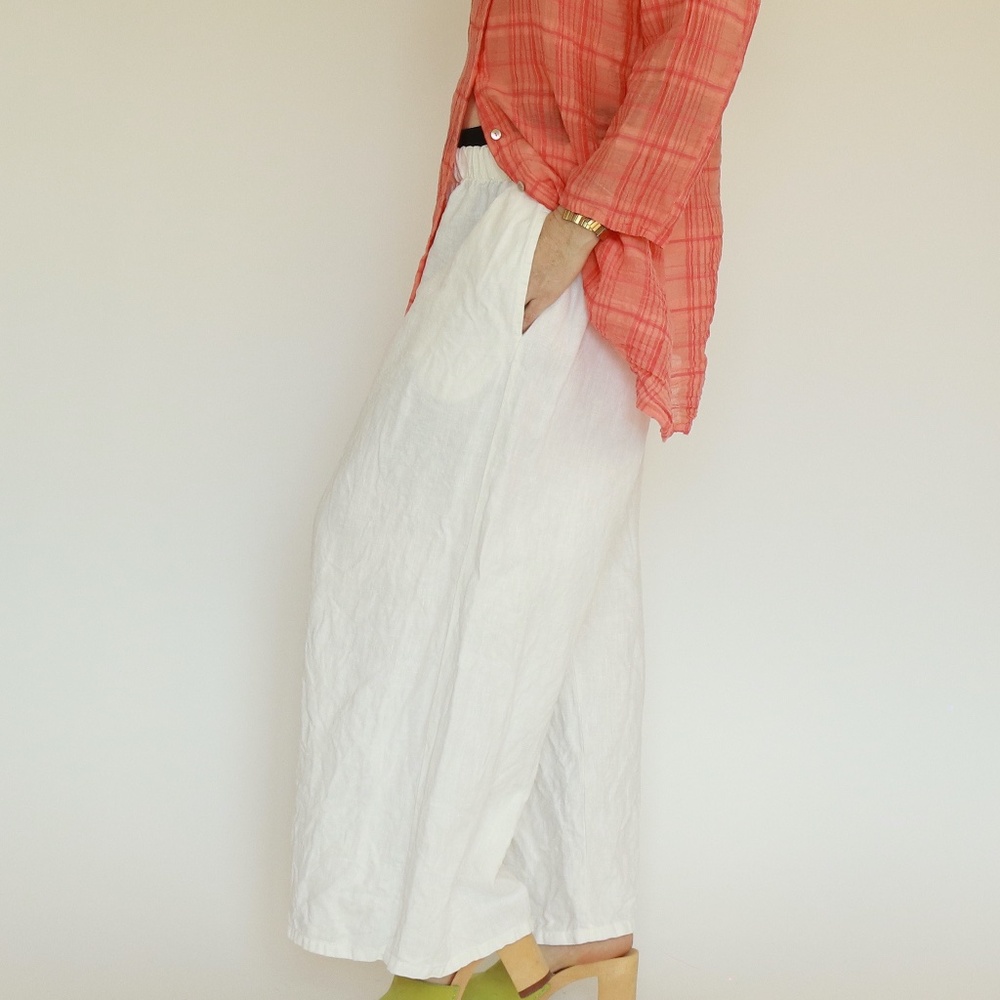 bryn WALKER - 100% Wide Leg Linen Pants - Large - White - Pull On